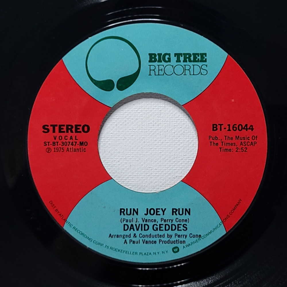 David Geddes Vinyl 45 Run Joey Run / Honey Don't Blow It on Big Tree VG+ Rock